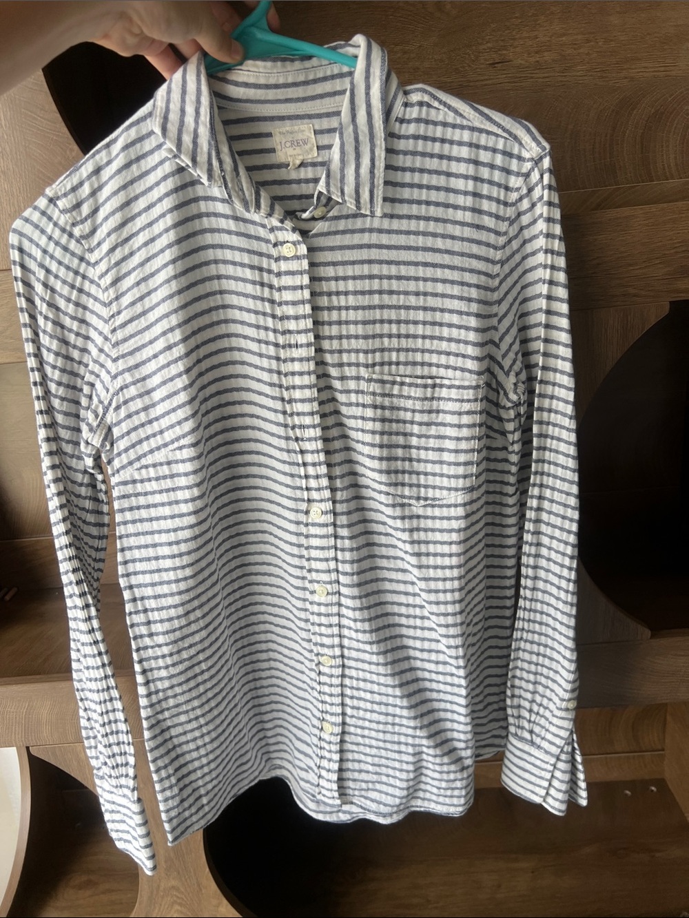 J. Crew Women’s White and Navy Stripe Button-Up Shirt